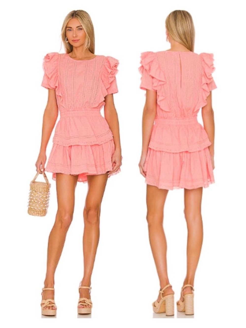 LoveShackFancy XS Coral Swiss Dot Ruffle Mini Dress 100% Cotton Smocked